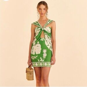 FARM RIO Green Lace Monsteras Mini Dress
